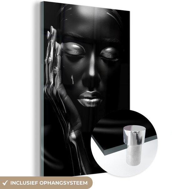 MuchoWow® Glasschilderij 80x120 cm - Schilderij acrylglas - Vrouw - Abstract - Zwart Wit - Portret - Foto op glas - Muurdecoratie woonkamer - Wanddecoratie slaapkamer - Schilderijen