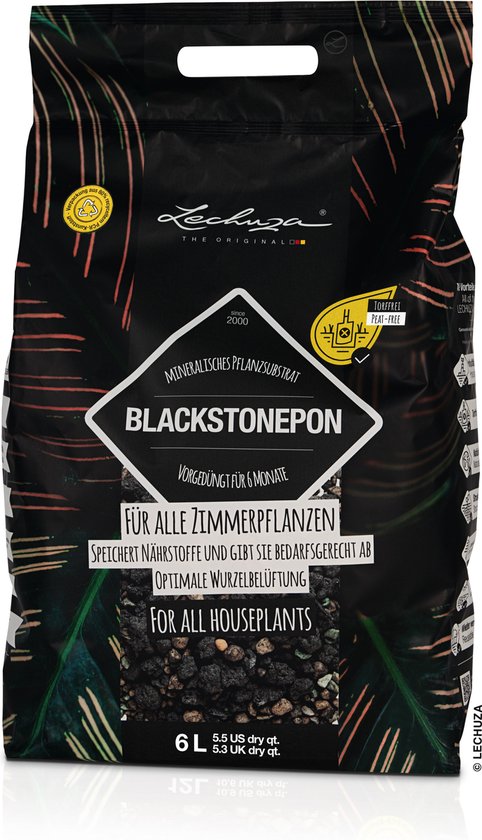 Een zak Lechuza Blackstonepon met tekst.