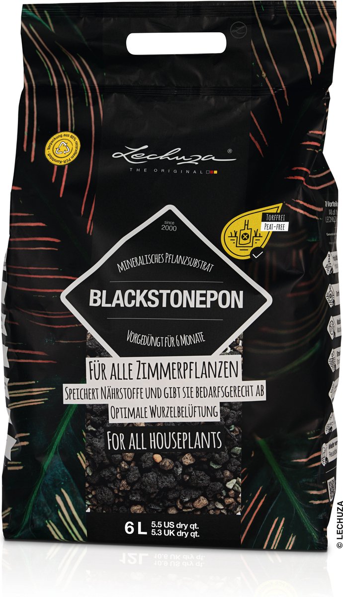 LECHUZA BLACKSTONEPON 6 liter - Mineraal plantensubstraat - Geschikt voor alle kamerplanten - Voorbemest voor 6 tot 8 maanden - ALTIJD BETER DAN AARDE!