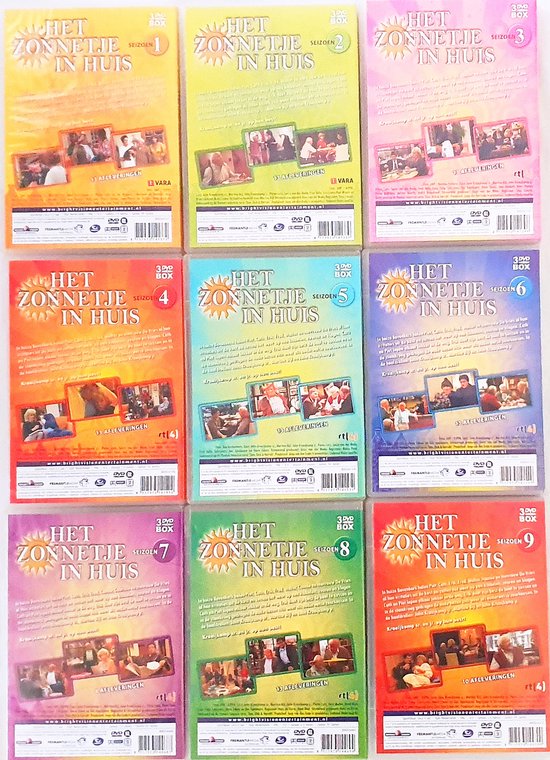Achterkant van 9 dvd-boxen met de titel 'Het Zonnetje In Huis', elk met een ander seizoen.