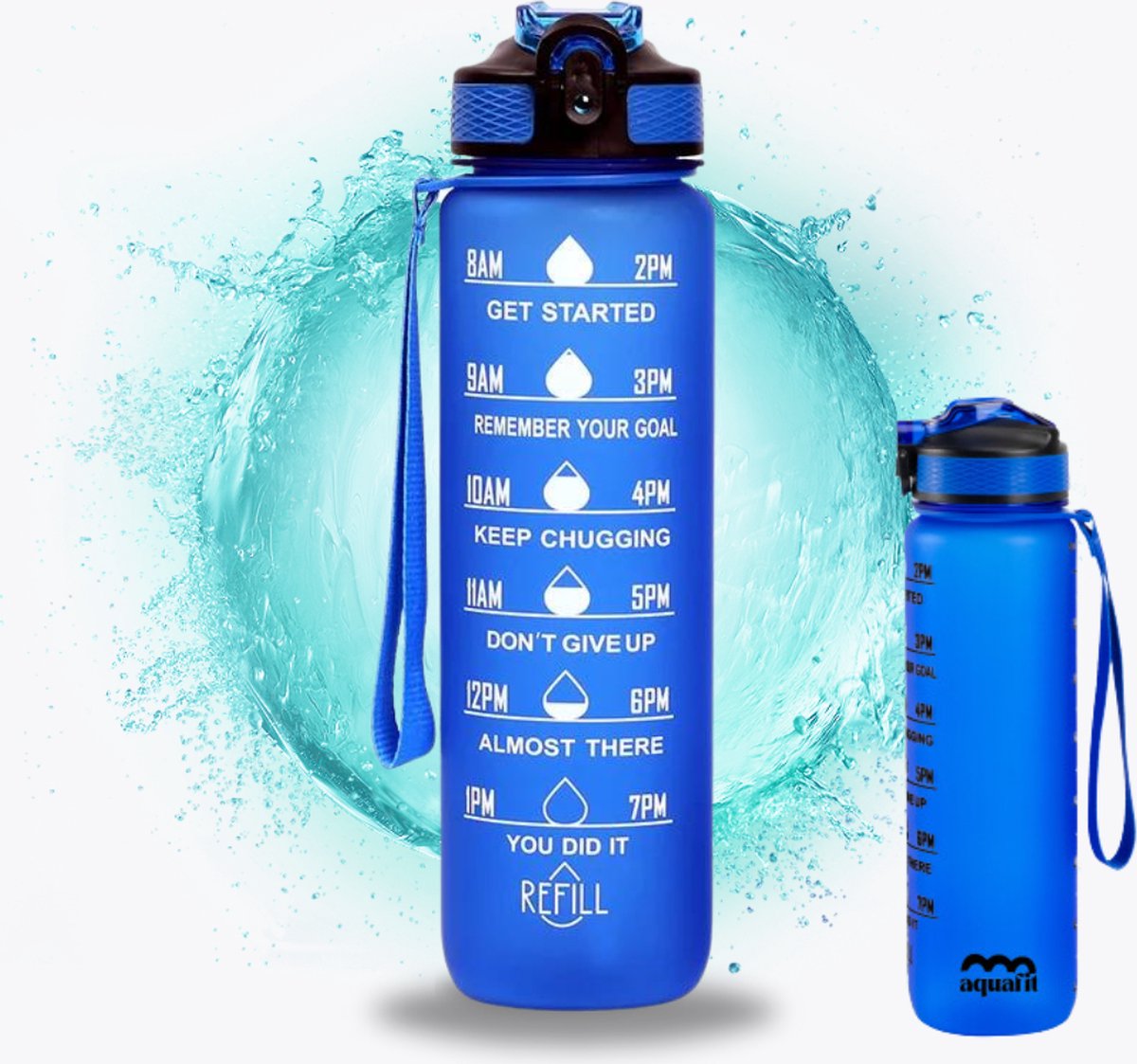 Aquafit Motivatie Waterfles - Drinkfles Met Rietje - BPA Vrij - Tijdmarkering - Volwassene Kinderen - 1 Liter - Blauw
