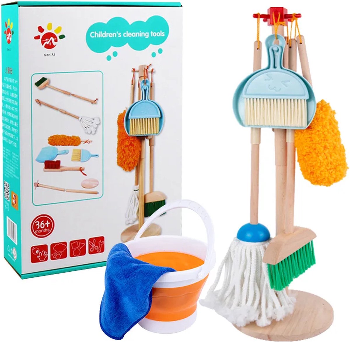 Anoush - Schoonmaak Set voor kinderen - Kids Speelgoed Cleaning Set - Houten Huishoudelijke Gereedschap - Mini Bezem/Stoffer/Mop/Plumeau/ Emmer - Montessori Onderwijs - Multicolor - Anoush