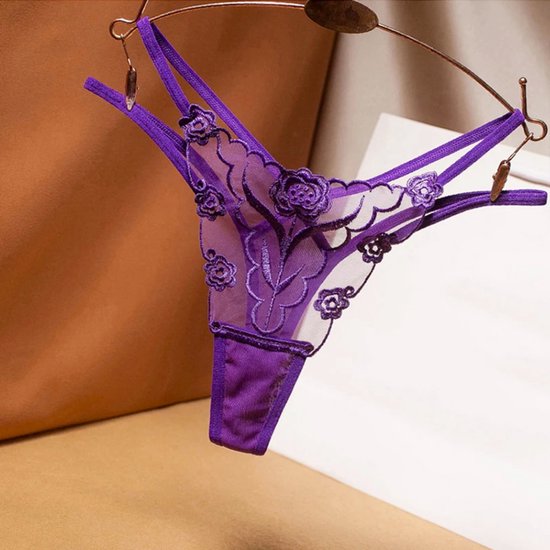 String sexy à Fleurs - Violet - Design avec dentelle et doubles Bracelets - Design sexy à Fleurs - Slip femme - Lingerie / Sous-vêtements - Taille unique