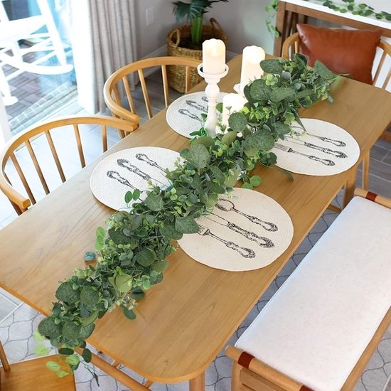 Floweroyal Set van 2 groene slingers 15 cm kunstmatige eucalyptusslinger met wilgenbladeren faux zilveren dollarbladeren voor bruiloft boog tafel centerpieces trap feest achtergrond deurframe decor