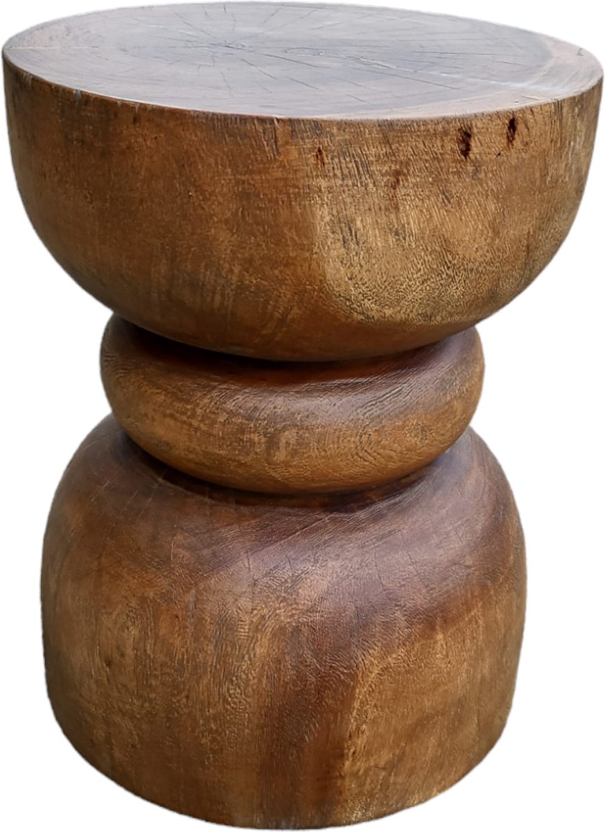 Massief Teakhouten Bijzettafel Rond Ø35cm | Sculptuur Zandloper Design | Handgemaakt uit Indonesië