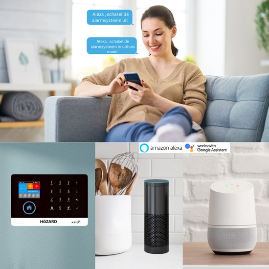 Vrouw bedient Hozard alarmsysteem met smartphone, werkt met Alexa en Google Assistant.