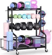 Support Fitness Mobile Support Rangement équipement Sport Avec Roues - Pour Tapis Yoga, Haltères, Kettlebells - 3 Niveaux Porte Tapis De Yoga Avec Roues