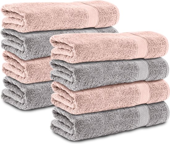 Komfortec handdoeken – Set van 8 - Badhanddoek 50x100 cm - 100% Katoen - Grijs&Roze
