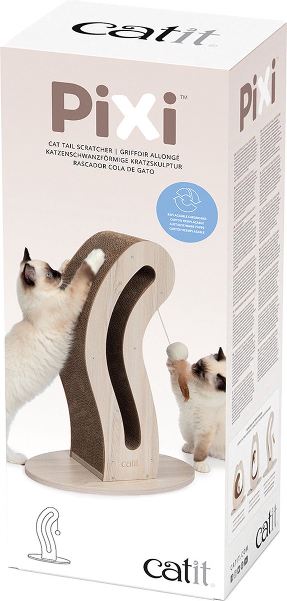 Krabpaal voor katten - CATIT - Pixi kattenstaart - Met stoffen bal en veer - Natuurlijke eikenlook