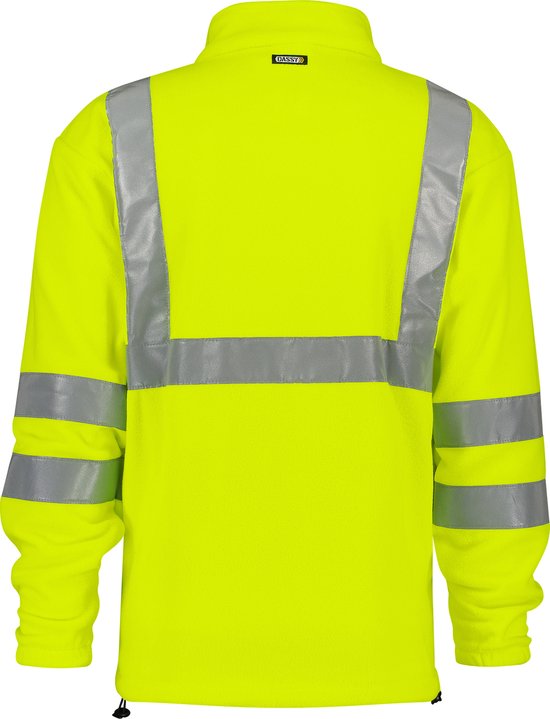 Achterkant van gele fleece werkjas met rits, reflecterende banden over schouders en mouwen. DASSY logo op achterkant nek.