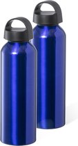 Bellatio Design Waterfles/drinkfles/sportfles - 2x - metallic blauw - aluminium - 800 ml - schroefdop