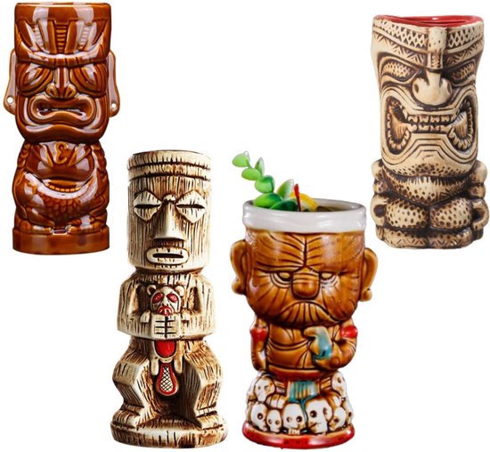Tiki-mokken cocktailset van 2 - Keramische Hawaïaanse feestbekers, leuke exotische cocktailglazen, Tiki-bekers voor cocktails, exotisch feest