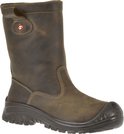 Bruine leren werklaars met zwarte zool, stiksels en gespdetail.