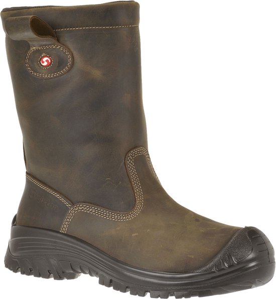Bruine leren werklaars met zwarte zool, stiksels en gespdetail.
