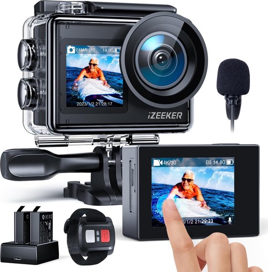 Foto: Izeeker ia200 action cam met eis 4k 24mp wifi waterdicht 40m dual screen externe microfoon 2 x 1350 mah batterijen accessoire kit