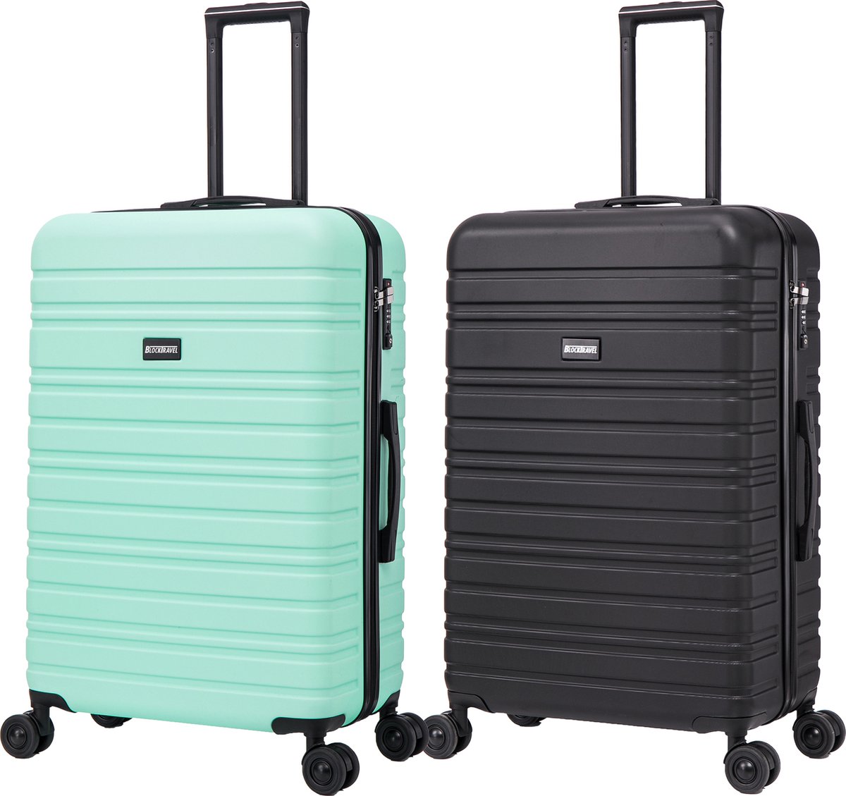 BlockTravel - kofferset - 2 delig - ABS - ruimbagage - met dubbele wielen - 95 liter - inbouw TSA slot - zwart - mint groen
