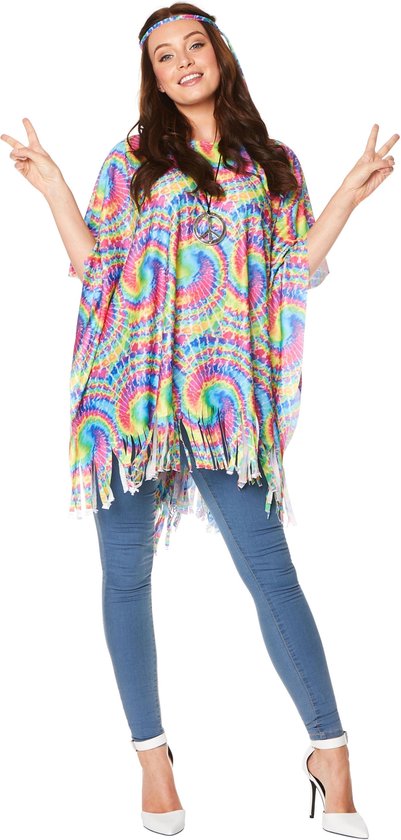 Karnival Costumes Hippie Tye Dye Poncho & Hoofdband 2-Delig Carnavalskleding Dames Hippie - Multicolor - One Size - Polyester