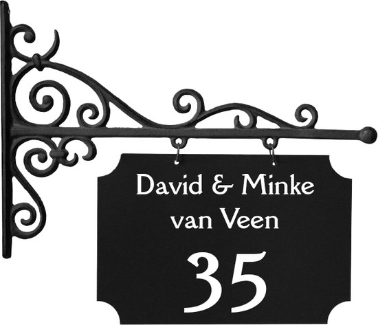 Enseigne | Plaque signalétique en fonte noire avec grand coin en retrait avec naam et/ou numéro de maison.