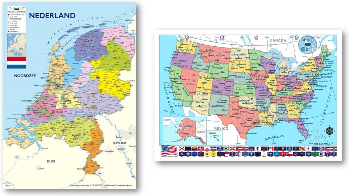 Nederland kaart poster en Amerika kaart poster - Set van twee posters - Set van twee schoolkaarten - 70 x 100 cm