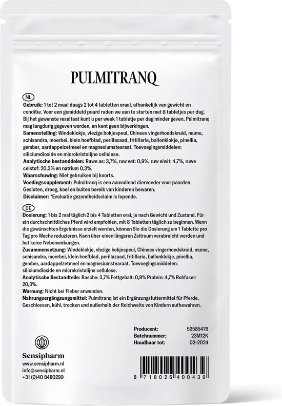 Sensipharm Pulmitranq Paard - Longen & Luchtwegen Voedingssupplement COPD & Dampigheid - 180 Tabletten à 1000 mg - Sensipharm