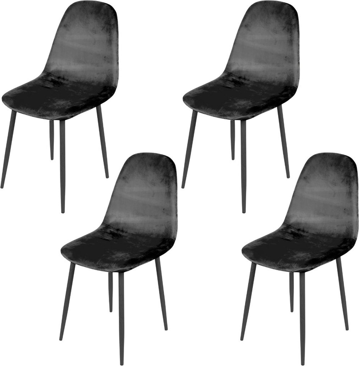 Urban Living "INOUI" - Set van 4 zwarte fluwelen eetkamerstoelen met zwarte metalen poten