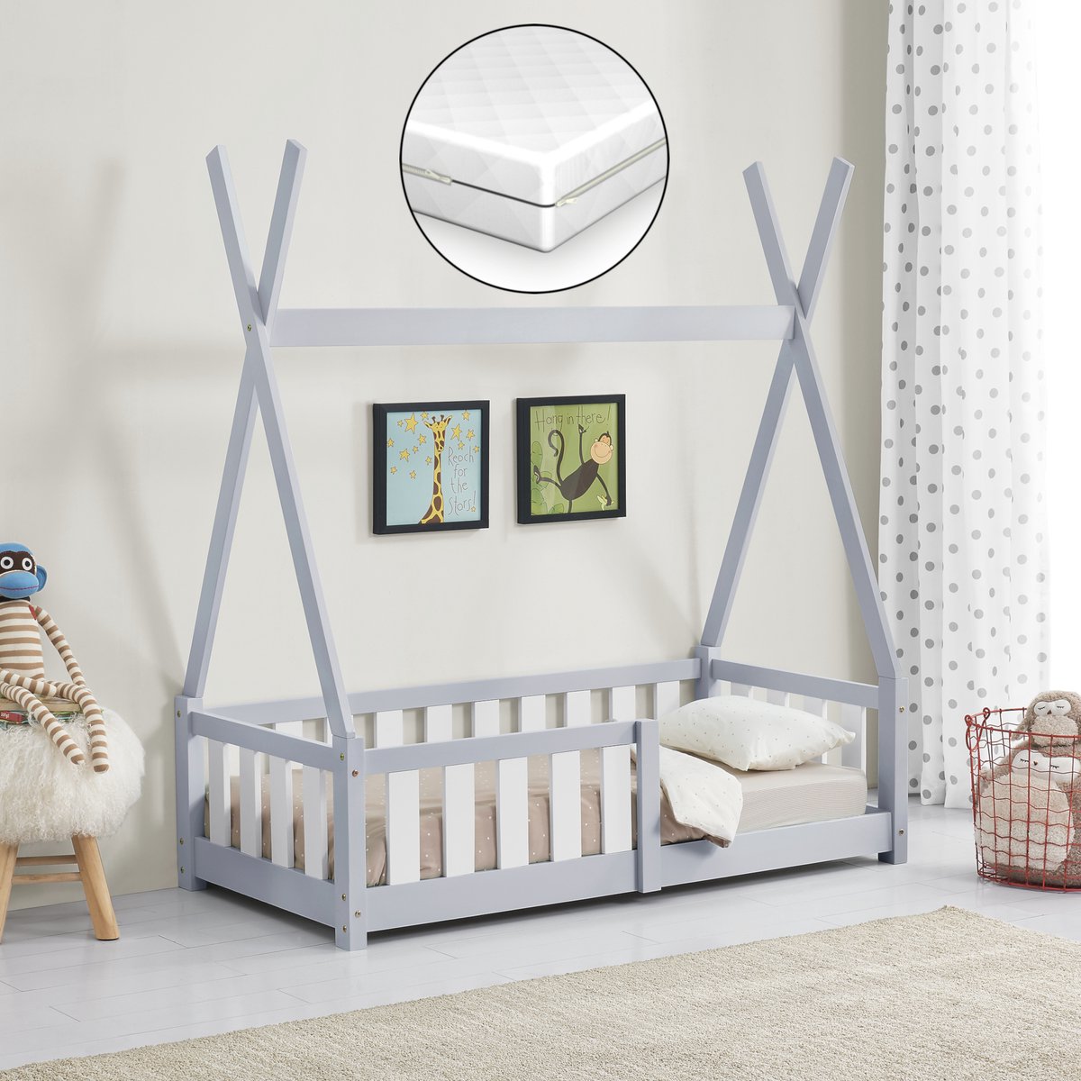 en.casa Kinderbed Helsingborg Tipi met uitvalbeveiliging en matras 70x140 cm lichtgrijs
