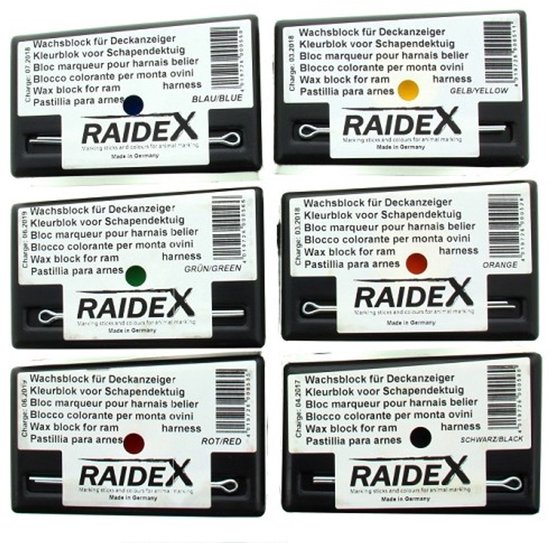Zes Raidex waxblokken voor schapentuig, kleuren blauw, geel, groen, oranje, rood en zwart.