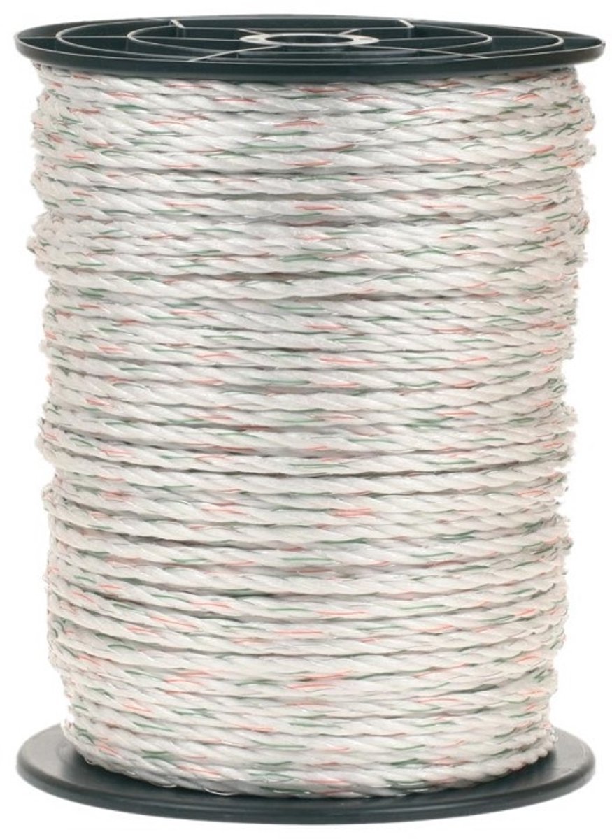 Koltec Kunststof Koord 5 mm × 200 m — wit, breekkracht 380 kg, PP koord met RVS geleiders - kunststof koord 200m Koltec - Koltec kunststof koord 200 m, koord 5mm 200m, afrasteringskoord wit 200m, PP koord met RVS geleiders, koord breekkracht 380 kg