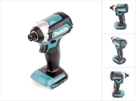 Makita slagschroevendraaier met zwarte grip, turquoise accenten en zilveren details.