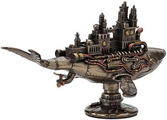 Steampunk walvis met fabriek, bronzen afwerking, van opzij bekeken.