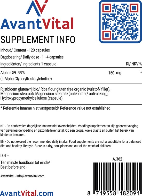 Alpha GPC - 120 Vegan Capsules - 150 mg - Zuiverheid van 99% - AvantVital - Voedingssupplementen - AvantVital