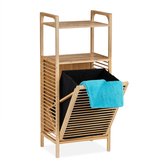 Relaxdays wasmand rek - bamboe badkamerrek - stoffen wasbox met planken - uitklapbare mand