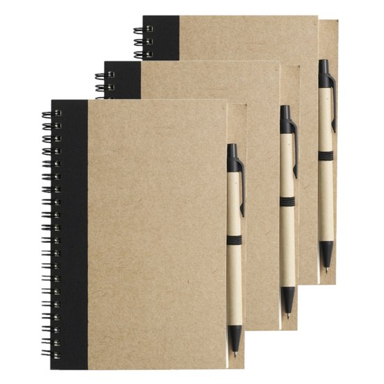 Notitie/opschrijf boekje met balpen - 6x - harde kaft - beige/zwart - 18x13cm - 60blz gelinieerd - blocnotes
