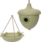 Decoris Vogelhuisje en voederschaal/vogelbadje - lichtgroen - bamboe - nestkastje