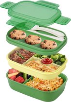 Groene Bento Box met Bestek - 3 Laags Volwassen Lunchbox met Compartimenten - Waterdicht, Magnetron-, Diepvries- en Vaatwasser bestendige Voedseldoos - Duurzaam Geen-BPA Plastic - 1,9 L