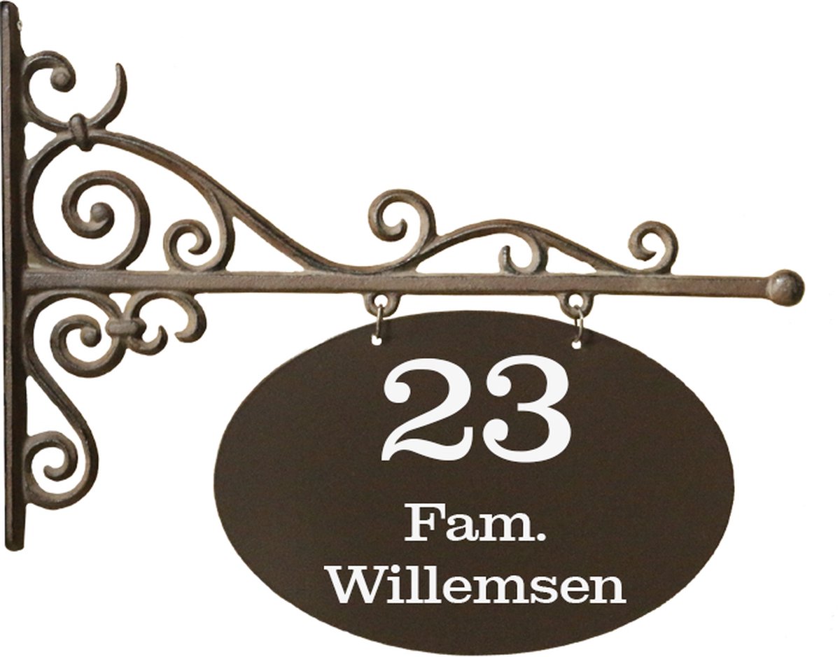 Uithangbord | Naambord gietijzer bruin groot ovaal met naam en/of huisnummer