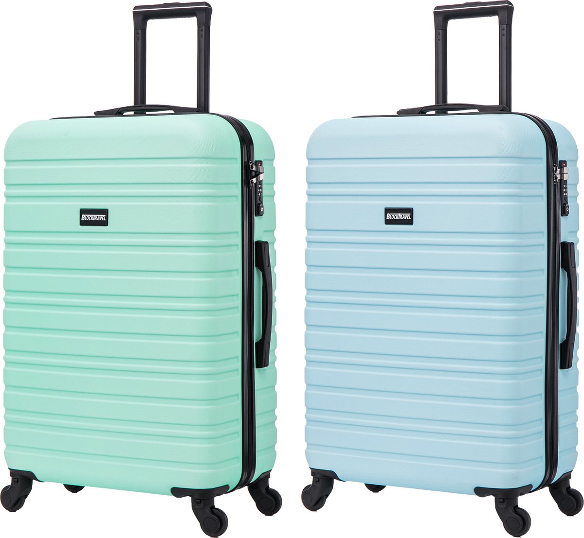 BlockTravel - kofferset - 2 delig - ABS - ruimbagage - met wielen afneembaar - 74 liter - inbouw TSA slot - blauw - mint groen