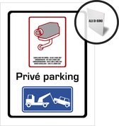 Pictogram/ bord aluminium | Camerabewaking Wetgeving maart 2007 + "Privé parking" | 27 x 36 cm | 4 talen | NL/ FR/ ENG/ DE | Wettelijk verplicht | CCTV | Législation surveillance par caméra Mars 2007 | Takelen | 1 stuk