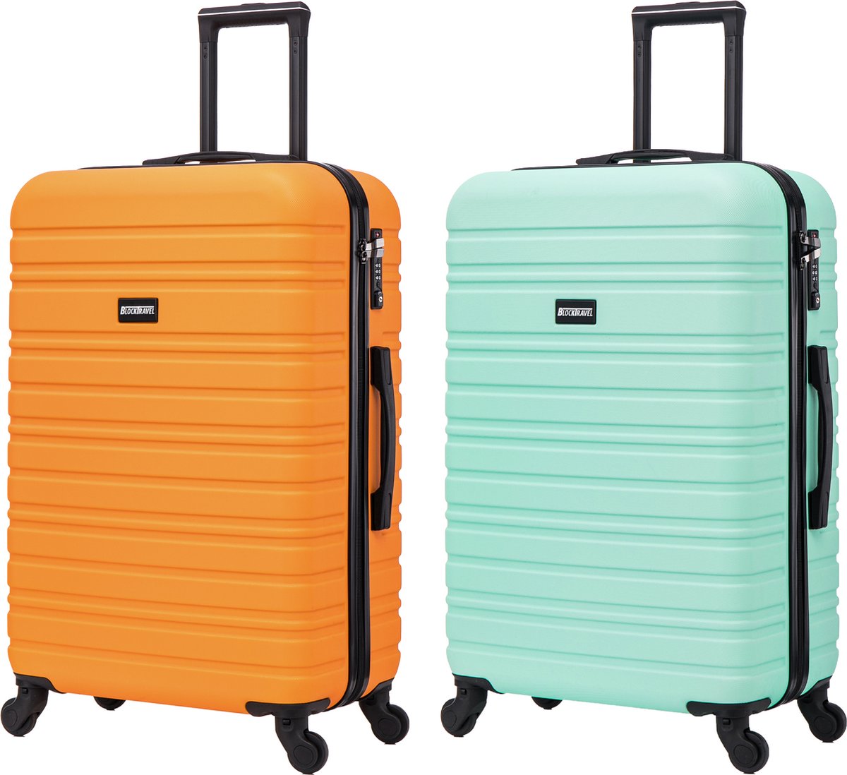 BlockTravel kofferset 2 delig ABS ruimbagage met wielen afneembaar 74 liter - inbouw TSA slot - oranje - mint groen