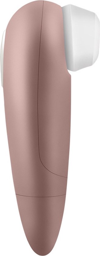 Roze Satisfyer Air Pulse met witte applicator, van opzij gezien.
