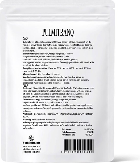 Sensipharm Pulmitranq voor Kat, Hondje, Cavia, Konijn - Longen & Luchtwegen Voedingssupplement bij Hoesten en Kennelhoest - 90 Tabletten à 250 mg - Sensipharm