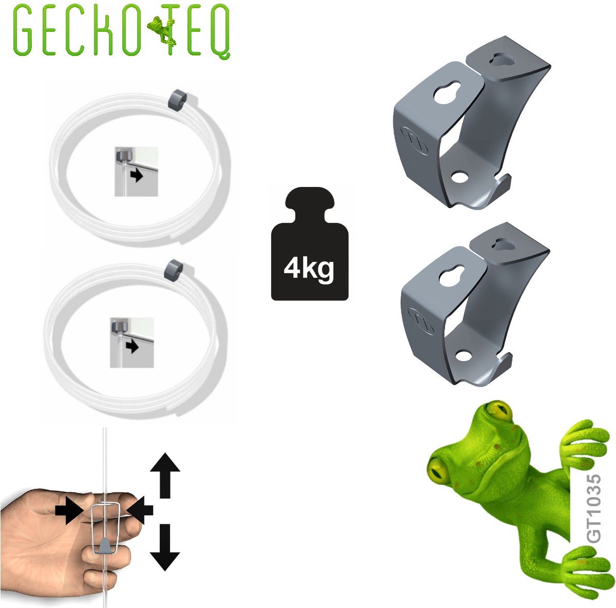 GT1035 GeckoTeq 2 x set perlon draad 1,5m met zelfremmende Newly Easyspring ophanghaak-4kg-ophangrail-schilder-poster-foto