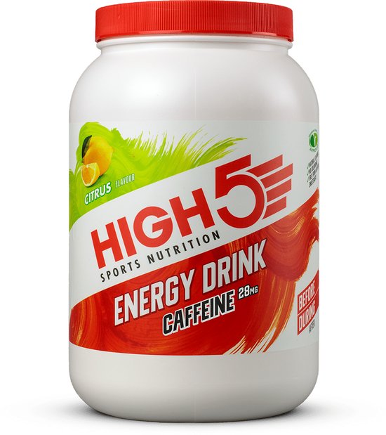 Wit potje met rode dop, HIGH5 Sports Nutrition Energy Drink met citrus smaak en afbeelding van een papegaai met sinaasappel.