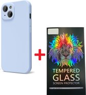 Solid hoesje Soft Touch Liquid Silicone + 1X Screenprotector Tempered Glass [Camera all-round bescherming] - Geschikt voor: iPhone 15 - Lichtblauw