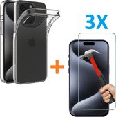 Soft TPU Transparant hoesje Silicone Case + 3 stuks Glas Screenprotector - Geschikt voor: iPhone 15 Pro
