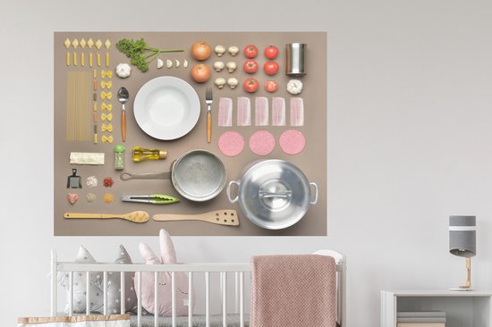 Sticker Muursticker Flat Lay Food - Table avec accessoires de cuisine - 120x90 cm - film autocollant - sticker mural repositionnable