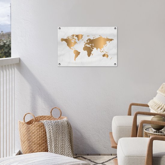Tuinposter 60x40 cm - Tuindecoratie Wereldkaart - Goud - Marmerlook - Luxe - Design - Poster voor in de tuin - Buiten decoratie - Schutting tuinschilderij - Tuindoek muurdecoratie - Wanddecoratie balkondoek