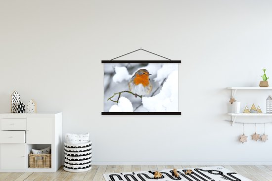 Affiche textielposter Robin sur une branche enneigée 150x100 cm