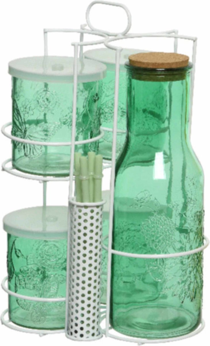 Groene karaf/sapkan/schenkkan 1 liter met 4 mason jars en rietjes - Drinkset - Mason Jars
