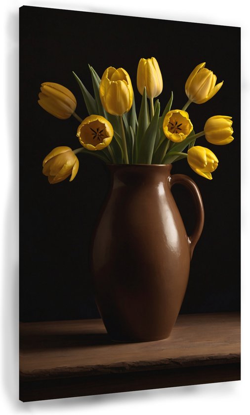 Vaas met gele tulpen - Bloemen in vaas canvas schilderij - Schilderijen stilleven - Muurdecoratie kinderkamer - Canvas keuken - Muurdecoratie slaapkamer - 60 x 90 cm 18mm
